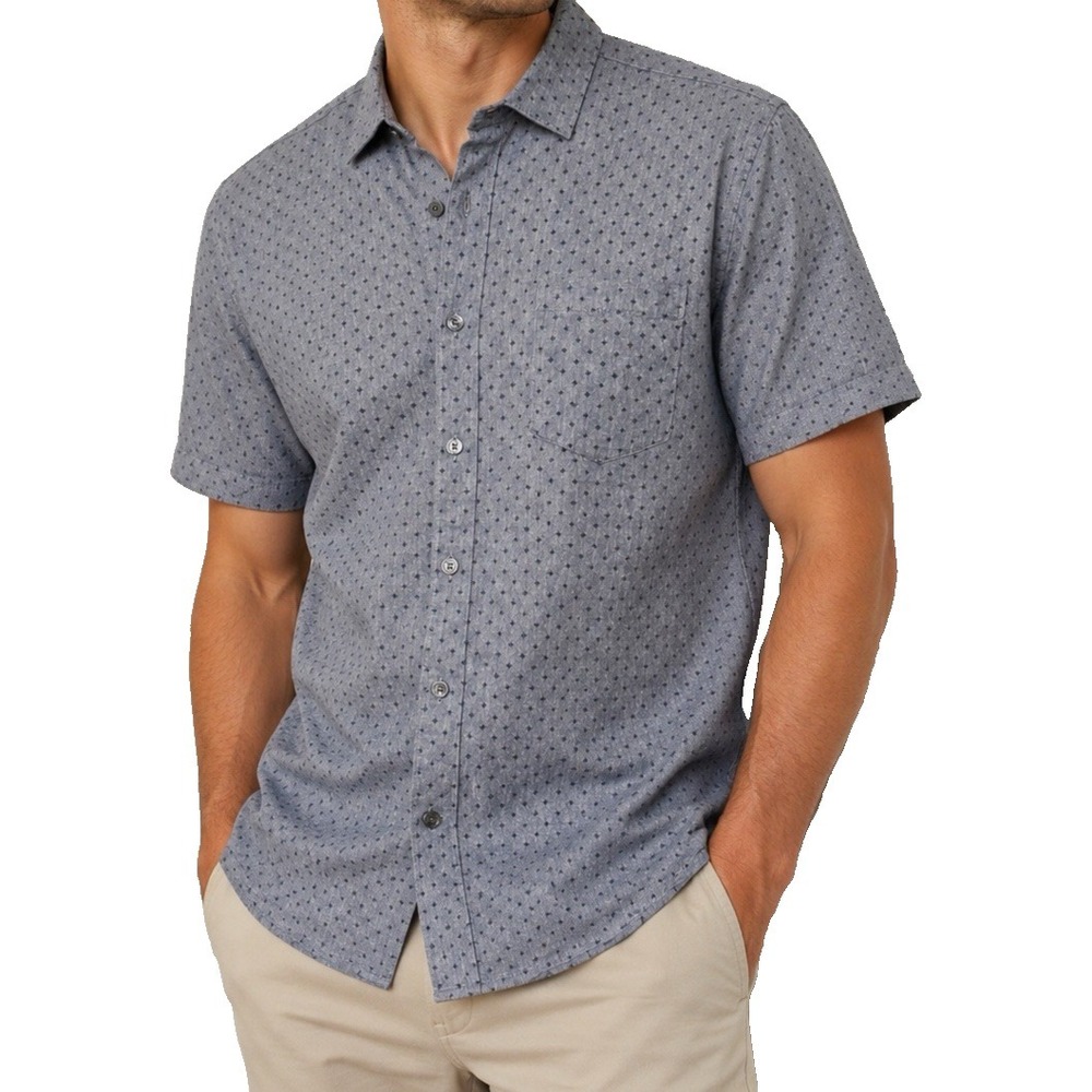 Liz Claiborne Men L Gray Print Short Sleeve Shirt Button Up Classic Fit Stretch - Picture 1 of 10